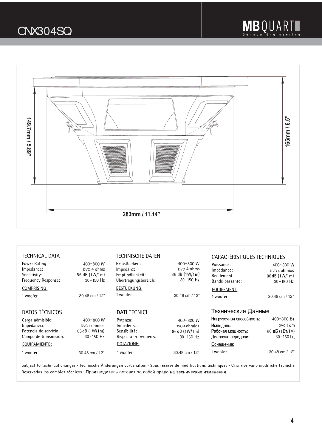 MB QUART ONX304SQ, ONX302, ONX254 manual 