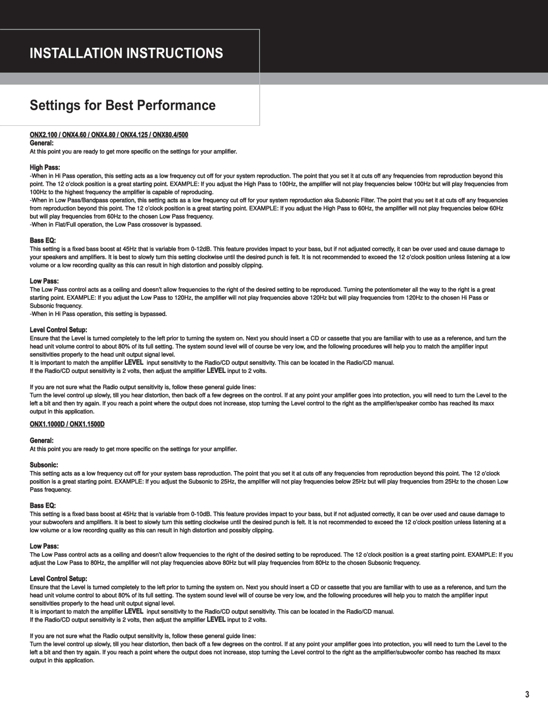 MB QUART ONX4.125, ONX1.1500D, ONX4.60, ONX4.80/500, ONX1.1000D, ONX2.100 Settings for Best Performance, Low Pass 