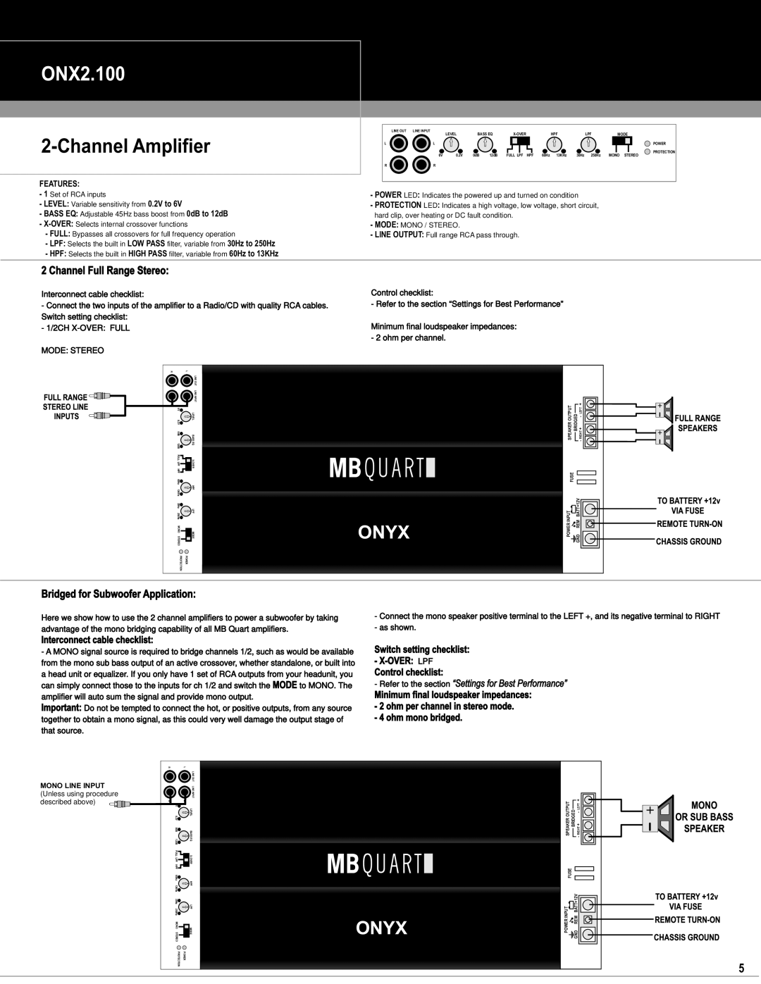 MB QUART ONX2.100, ONX4.80, ONX1.1500D Channel Amplifier, Channel Full Range Stereo, Bridged for Subwoofer Application 