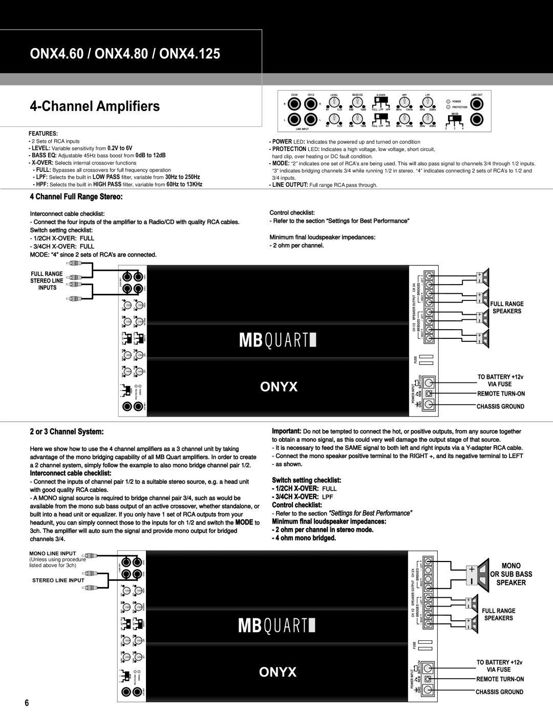 MB QUART ONX4.60 / ONX4.80 / ONX4.125, Channel Amplifiers, Or 3 Channel System, 2CH X-OVER Full 4CH X-OVER Full 