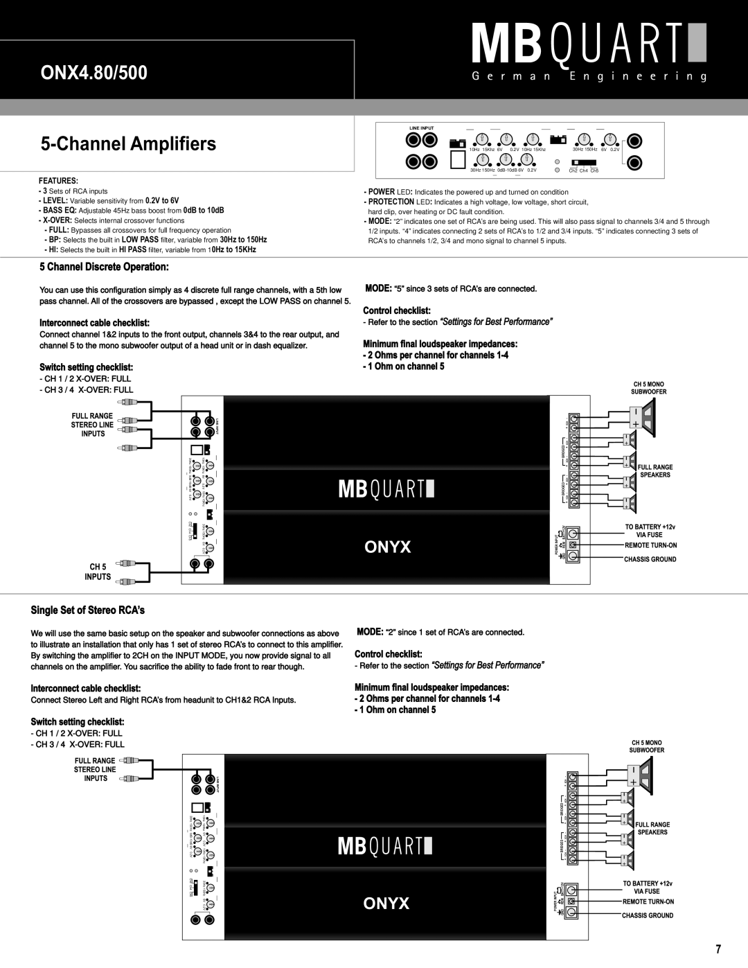 MB QUART ONX1.1500D, ONX4.60 ONX4.80/500, Channel Amplifiers, Onyx, Refer to the section “Settings for Best Performance” 
