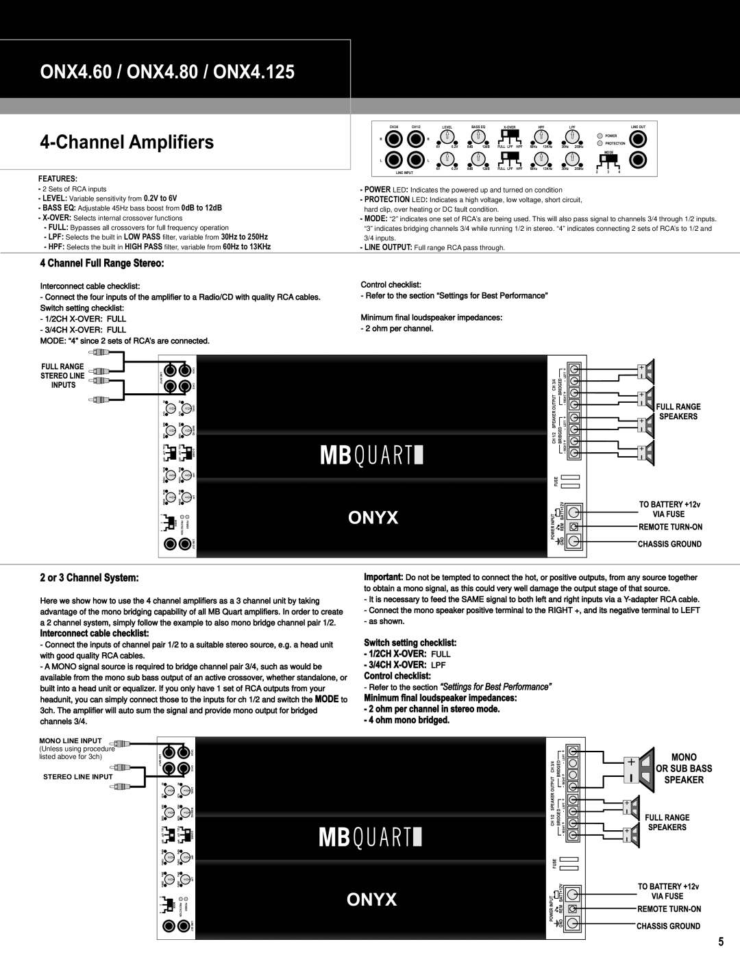 MB QUART ONX1.1500D ONX4.60 / ONX4.80 / ONX4.125, Channel Amplifiers, Channel Full Range Stereo, Or 3 Channel System 