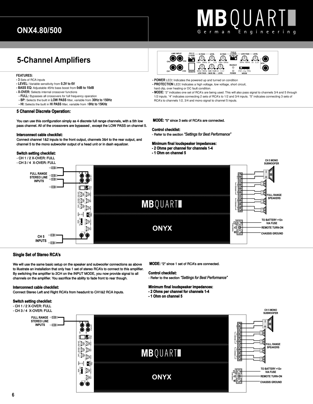 MB QUART ONX1.1500D ONX4.80/500, Channel Discrete Operation, Single Set of Stereo RCA’s, Interconnect cable checklist 