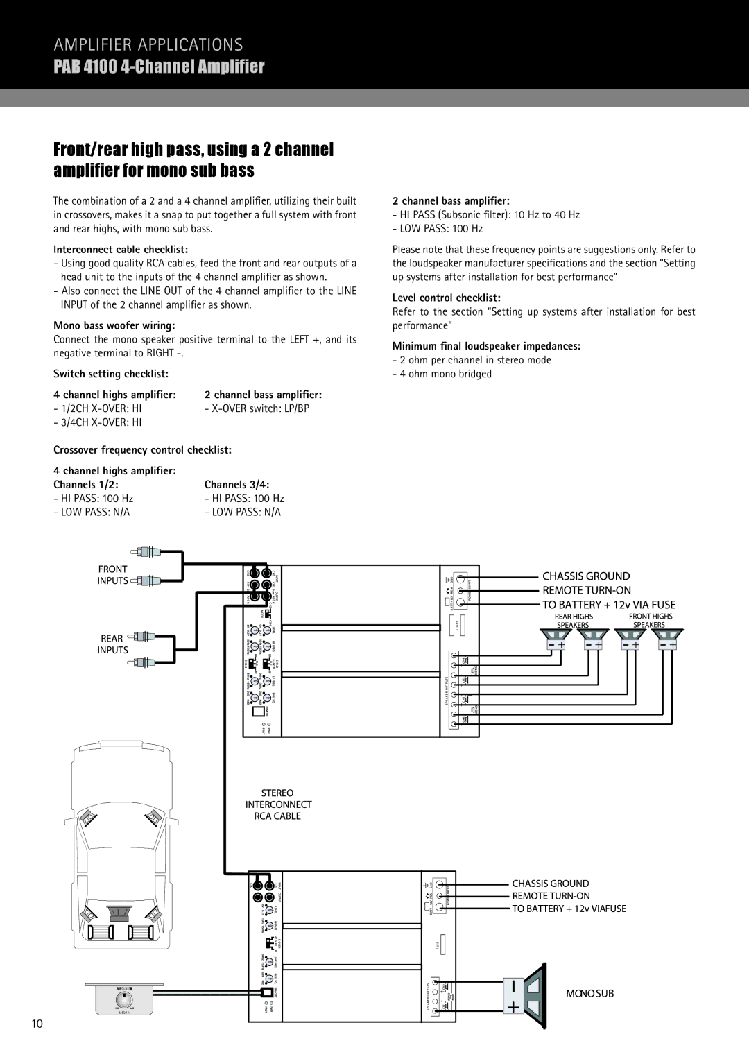 MB QUART PAB 1200.1 D Switch setting checklist Channel highs ampliﬁer, Channel highs ampliﬁer Channels 1/2 Channels 3/4 