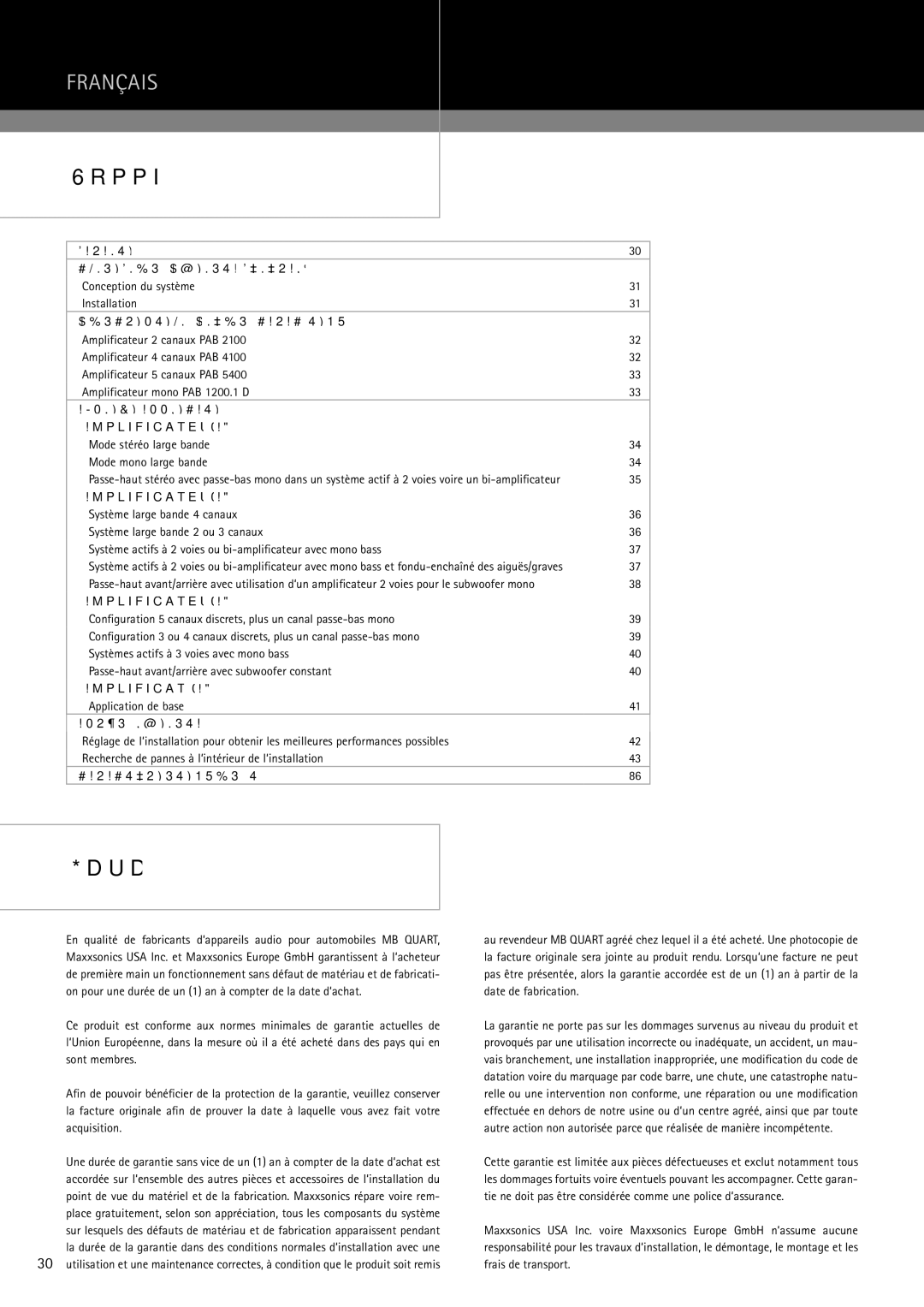 MB QUART PAB 1200.1 D Sommaire, Garantie Consignes D‘INSTALLATION Générales, Description DES DON Nées Caractéristiques 