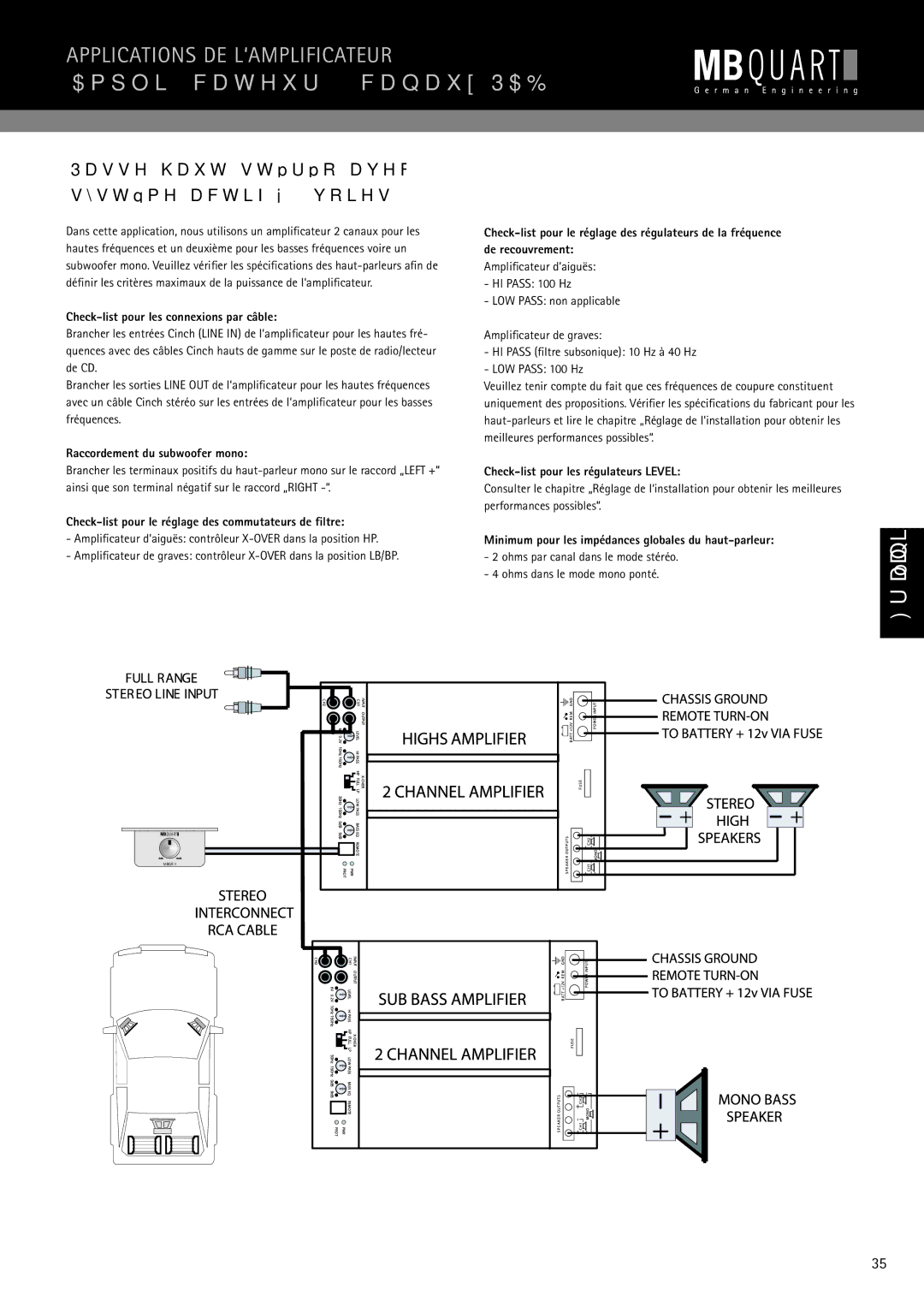 MB QUART PAB 2100c, PAB 1200.1 D manual Raccordement du subwoofer mono, Check-list pour le réglage des commutateurs de ﬁltre 