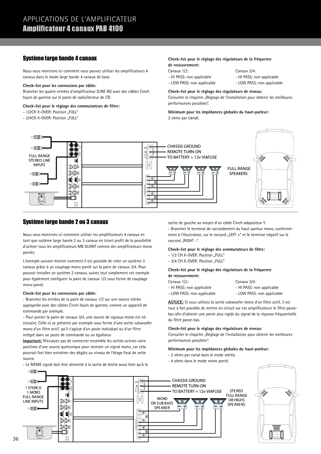 MB QUART PAB 1200.1 D manual Ampliﬁcateur 4 canaux PAB, Système large bande 4 canaux, Système large bande 2 ou 3 canaux 