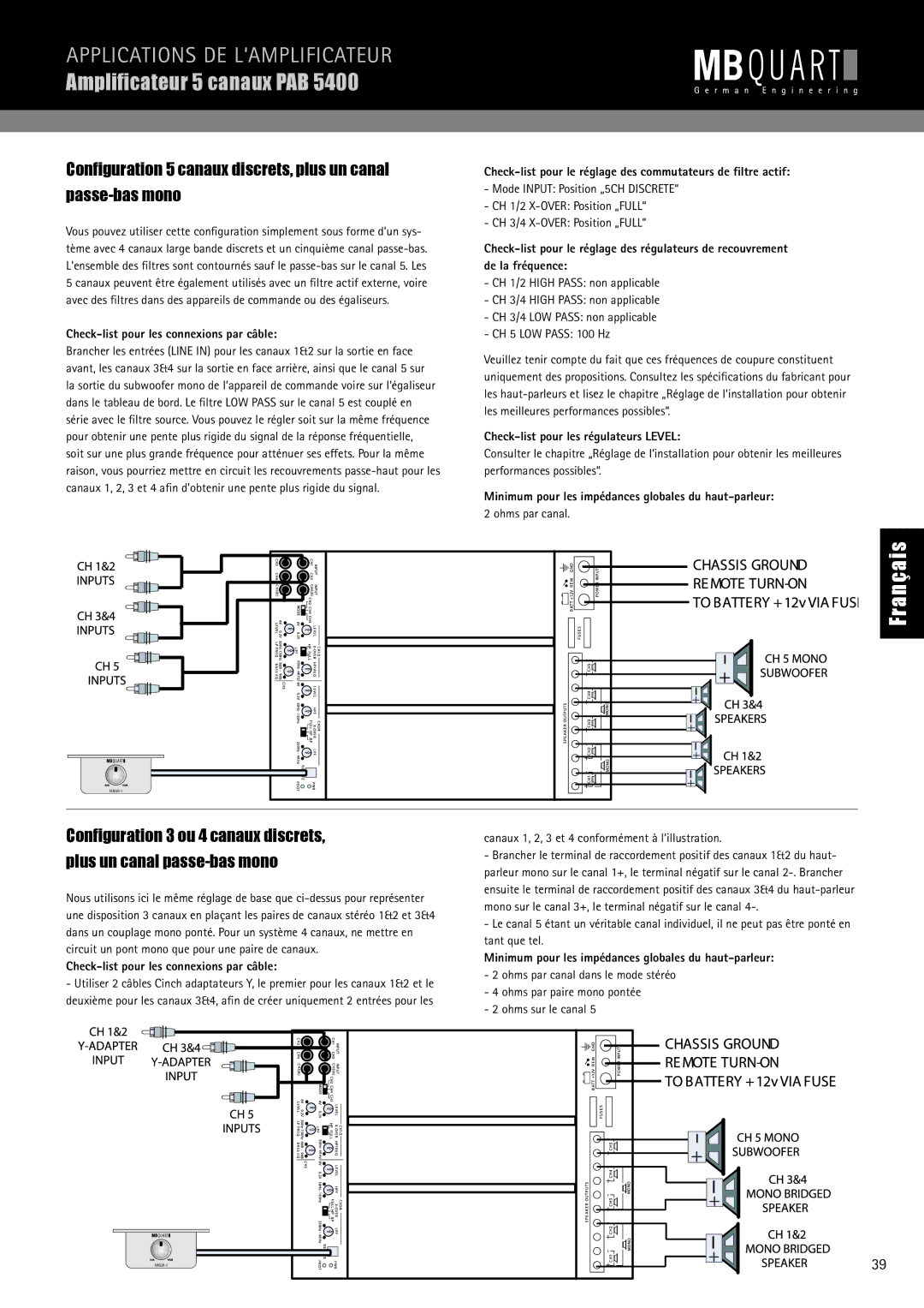 MB QUART PAB 2100c Ampliﬁcateur 5 canaux PAB, Check-list pour le réglage des commutateurs de ﬁltre actif, Ohms par canal 