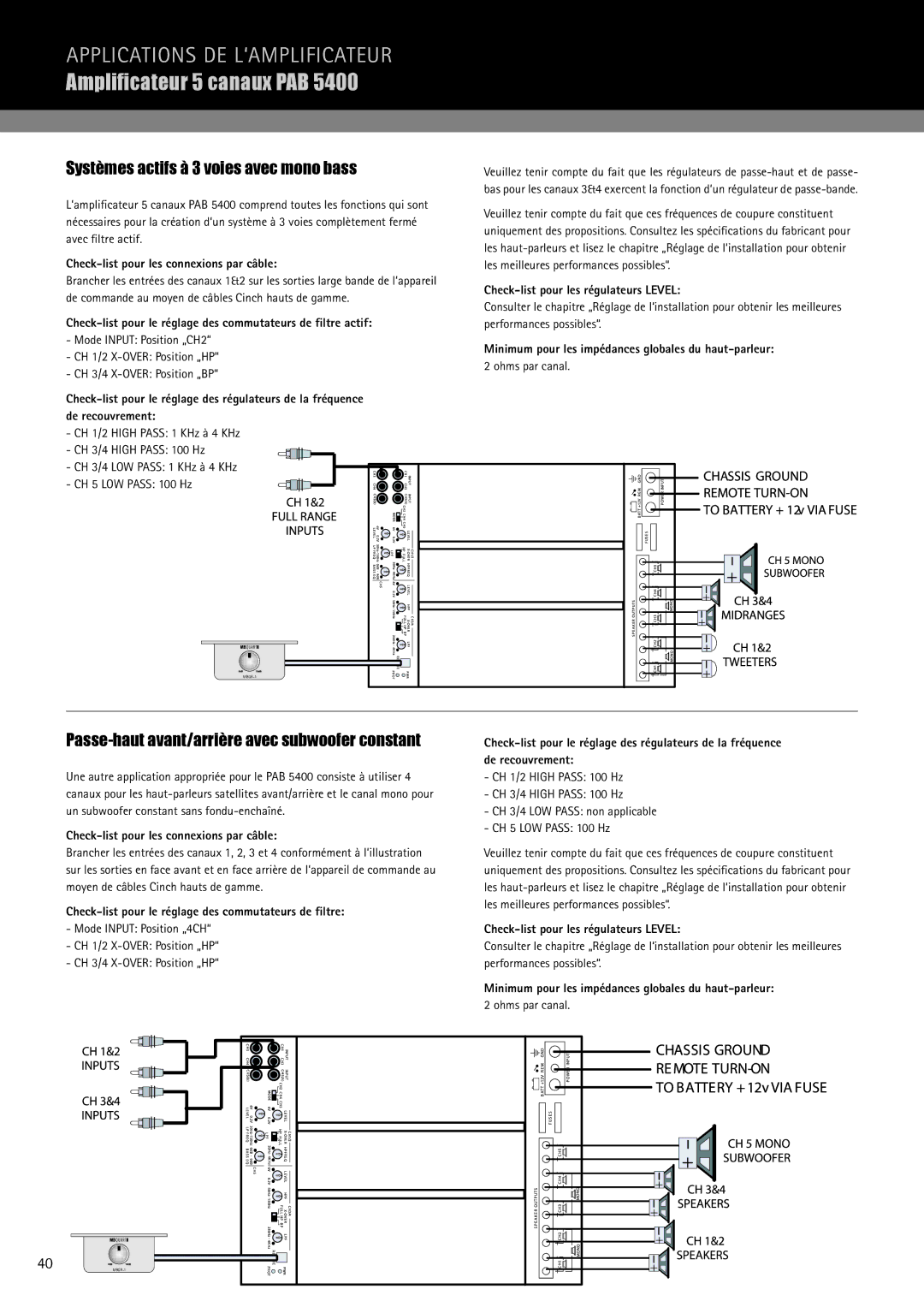 MB QUART PAB 1200.1 D manual Systèmes actifs à 3 voies avec mono bass, Passe-haut avant/arrière avec subwoofer constant 