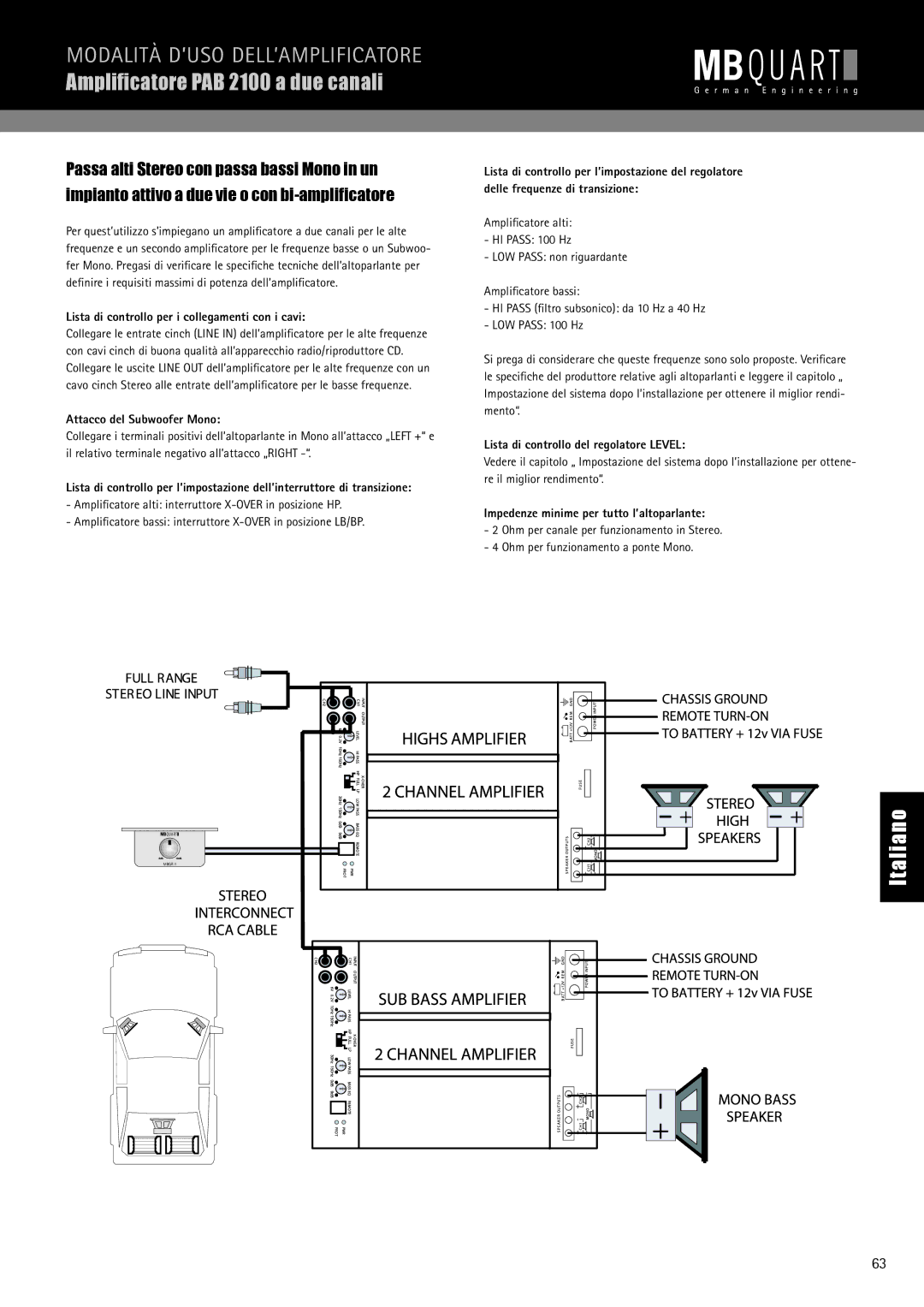 MB QUART PAB 2100c, PAB 1200.1 D manual Lista di controllo per i collegamenti con i cavi, Attacco del Subwoofer Mono 