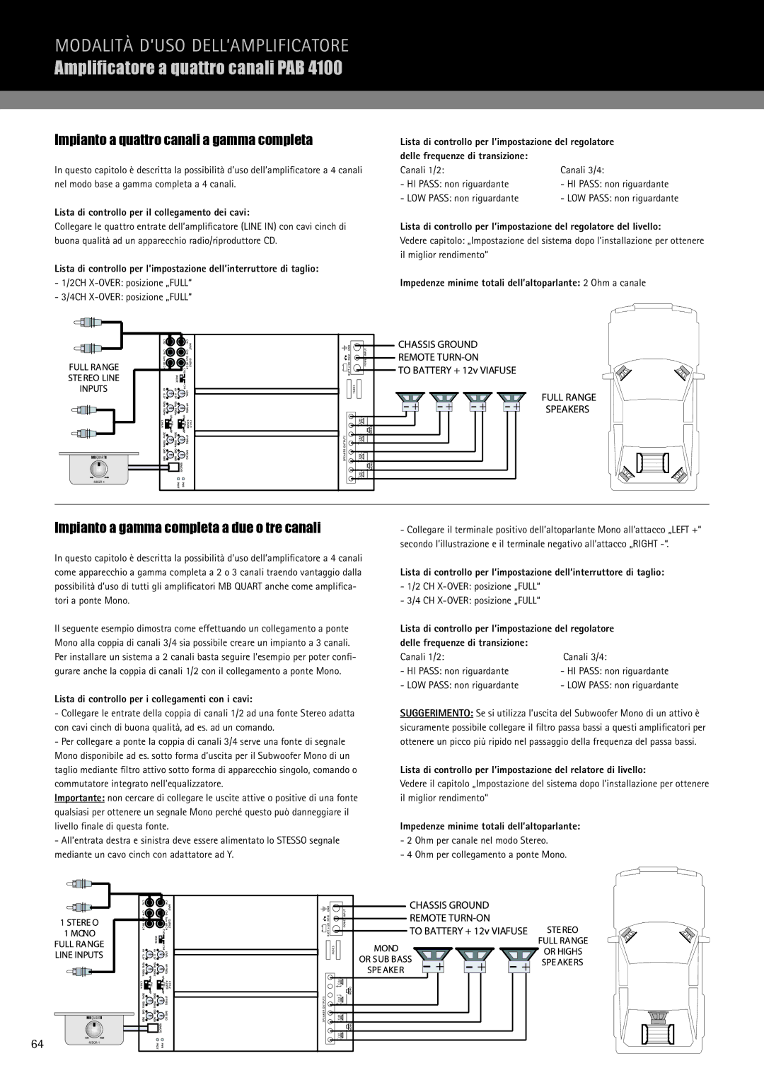 MB QUART PAB 1200.1 D, PAB 2100c manual Ampliﬁcatore a quattro canali PAB, Impianto a quattro canali a gamma completa 