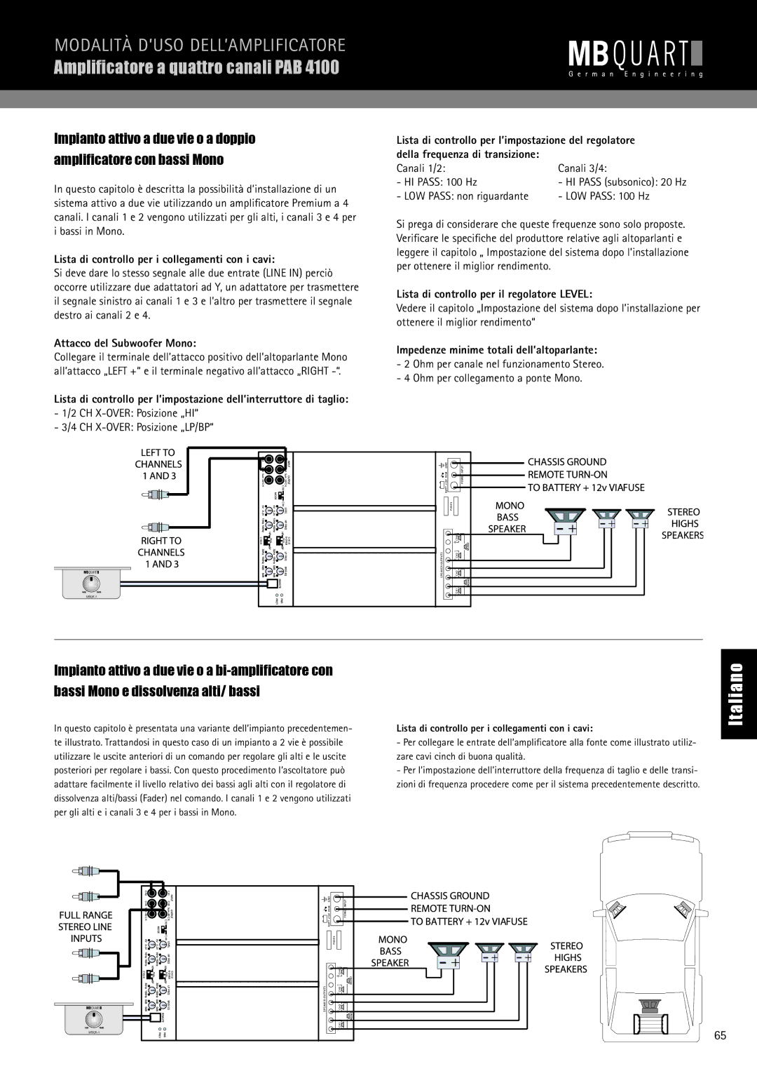 MB QUART PAB 2100c, PAB 1200.1 D manual Lista di controllo per i collegamenti con i cavi, Attacco del Subwoofer Mono 