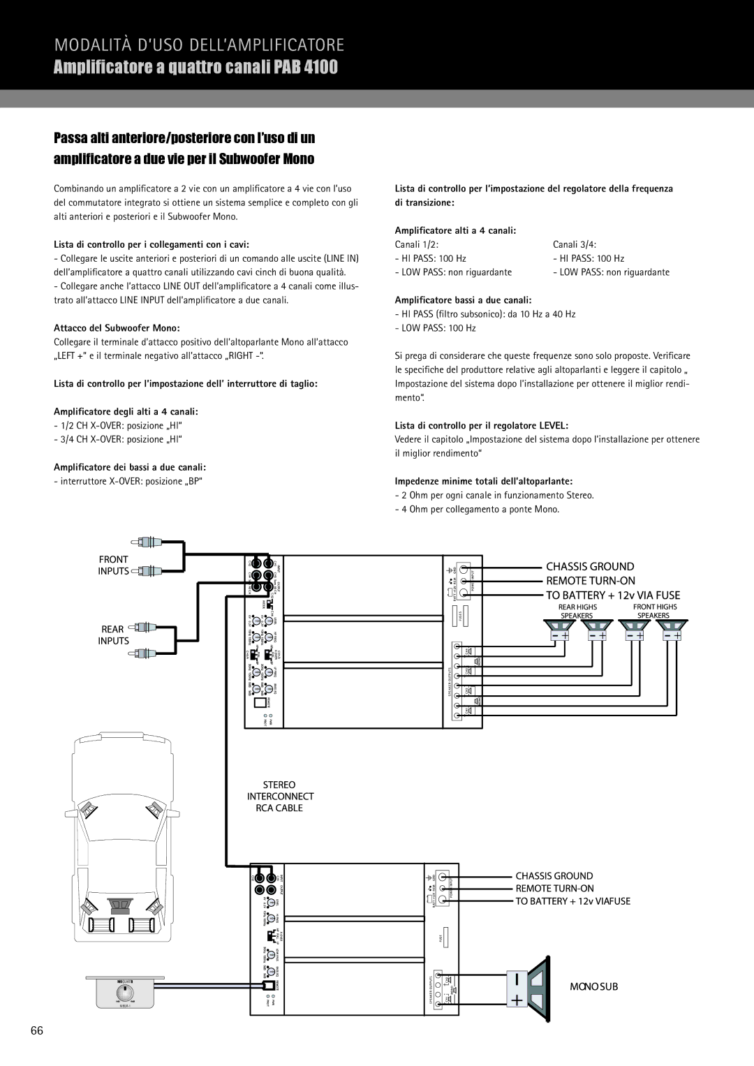 MB QUART PAB 1200.1 D CH X-OVER posizione „HI, Ampliﬁcatore dei bassi a due canali, Interruttore X-OVER posizione „BP 