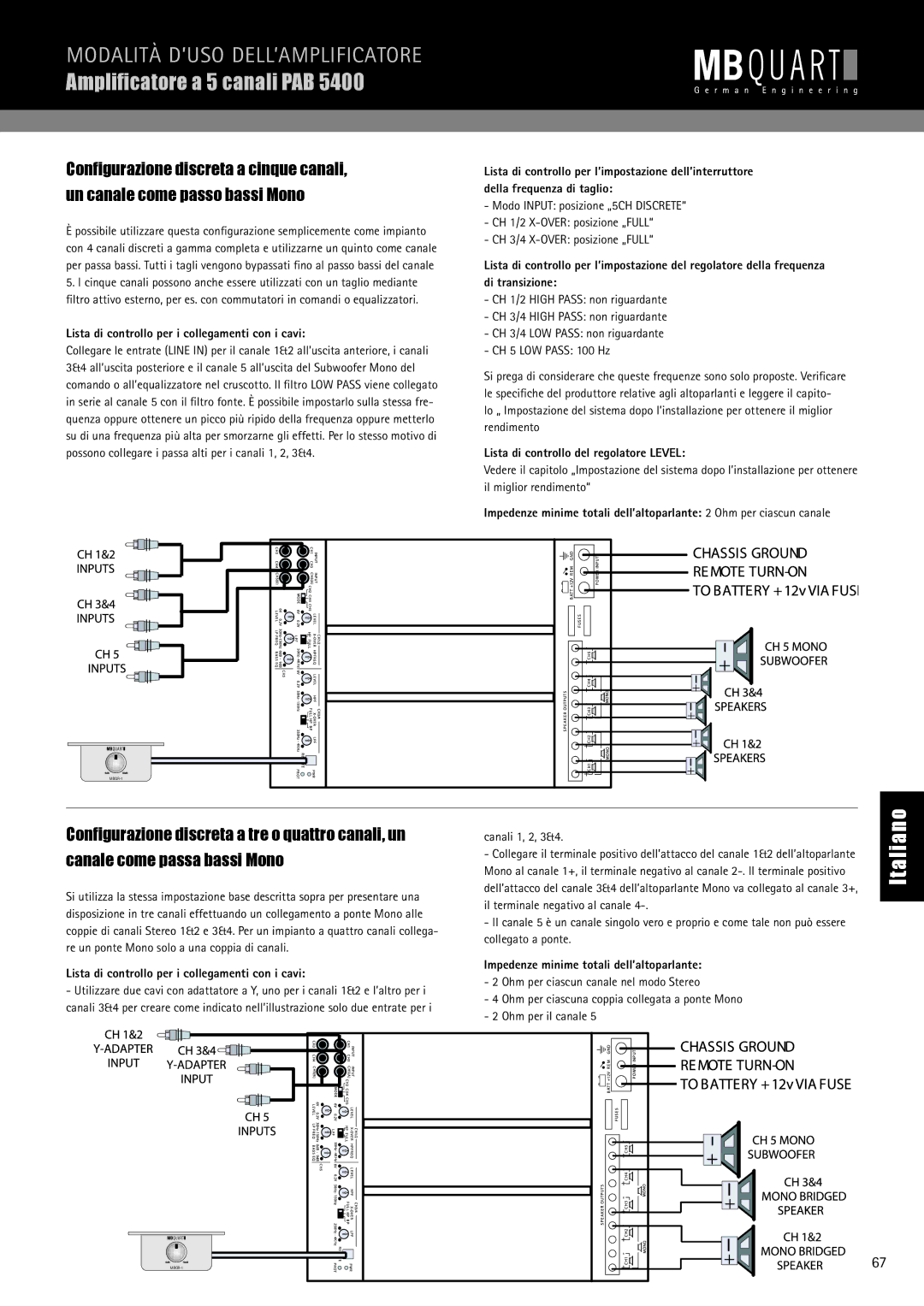 MB QUART PAB 2100c, PAB 1200.1 D manual Ampliﬁcatore a 5 canali PAB, Di transizione 