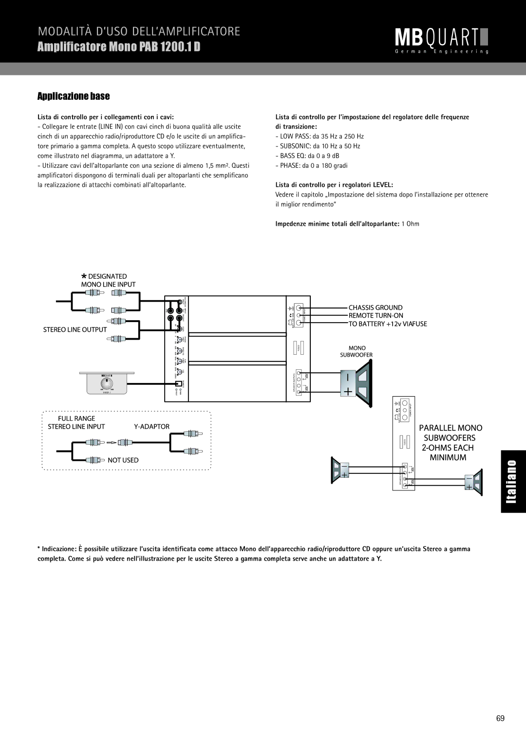 MB QUART PAB 2100c Ampliﬁcatore Mono PAB 1200.1 D, Applicazione base, Impedenze minime totali dell’altoparlante 1 Ohm 