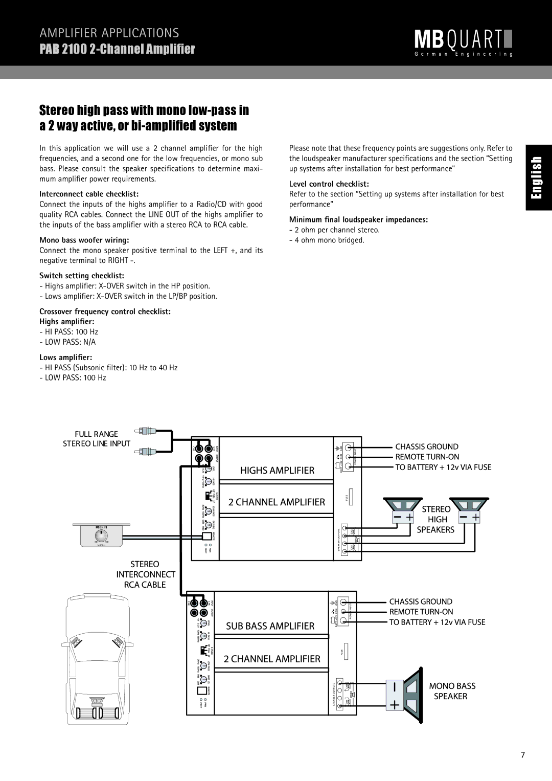 MB QUART PAB 2100c manual Mono bass woofer wiring, Crossover frequency control checklist Highs ampliﬁer, Lows ampliﬁer 