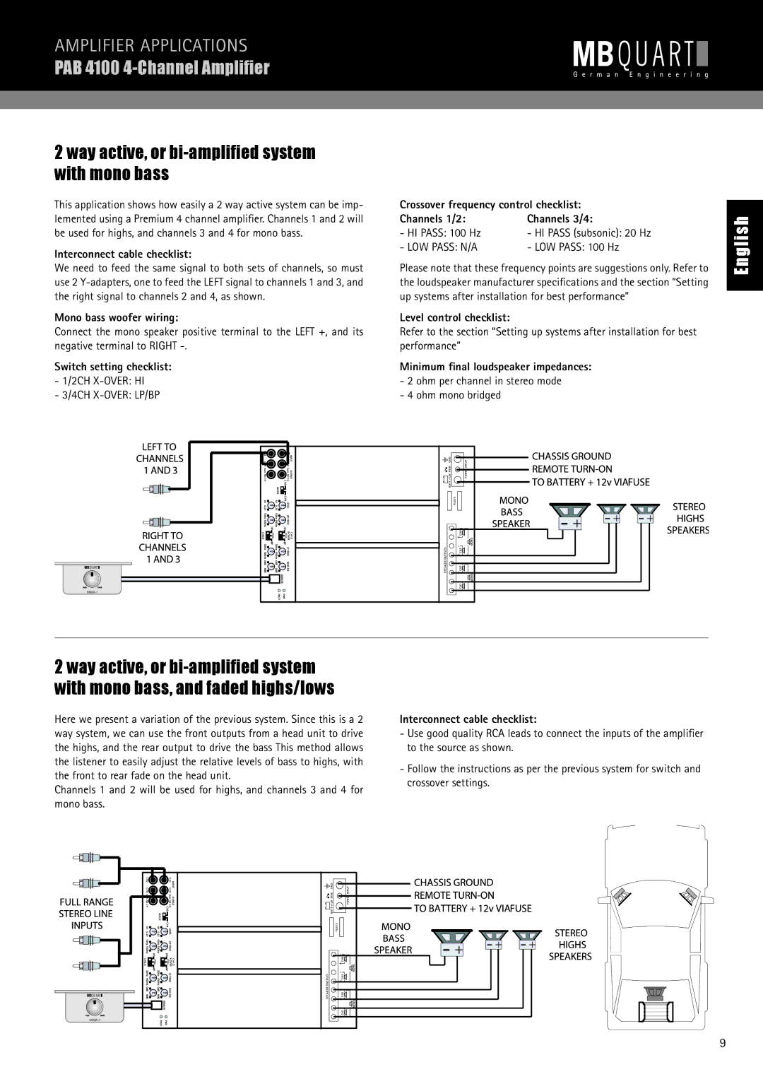 MB QUART PAB 2100c, PAB 1200.1 D manual Way active, or bi-ampliﬁed system with mono bass 