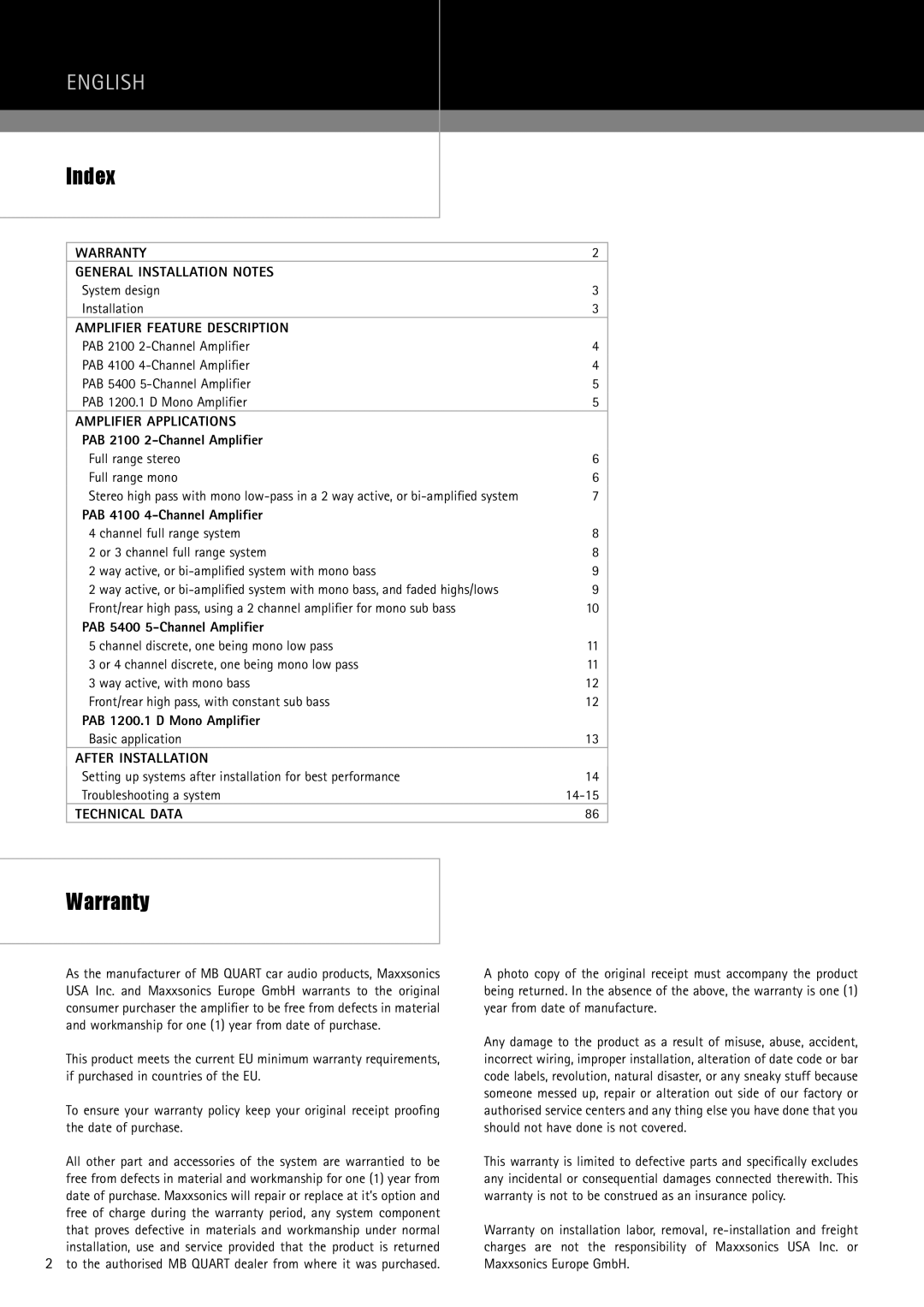 MB QUART PAB 2100 manual Index, Warranty 