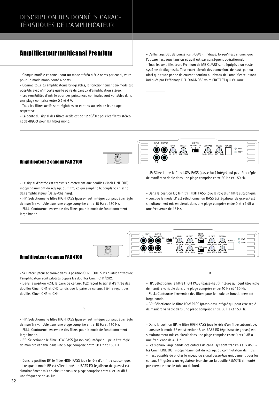 MB QUART PAB 2100 manual Amplificateur multicanal Premium, Commutateur de ﬁltre actif X-Over 