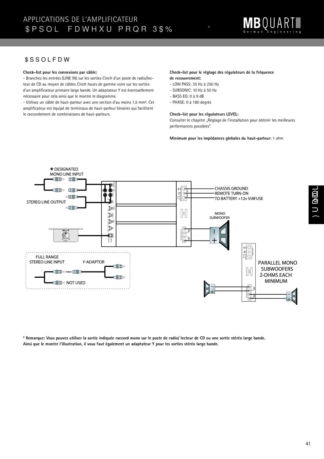 MB QUART PAB 2100 manual Ampliﬁcateur mono PAB 1200.1 D, Application de base 