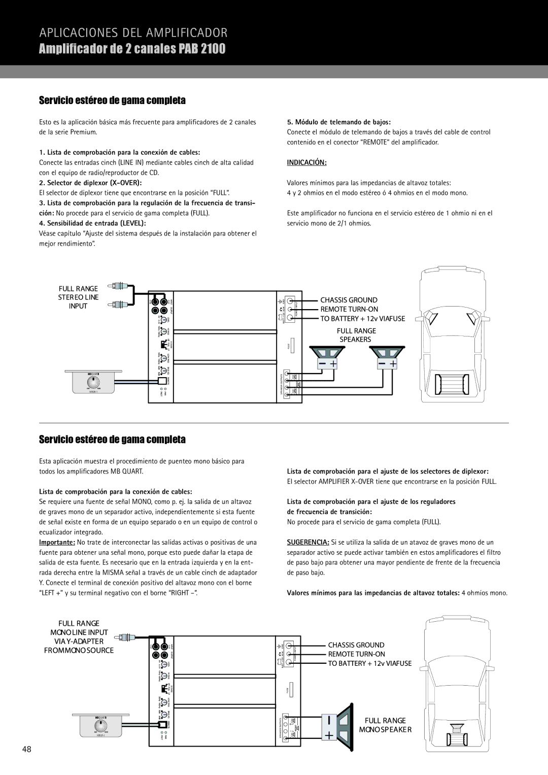 MB QUART PAB 2100 manual Ampliﬁcador de 2 canales PAB, Servicio estéreo de gama completa, Indicación 