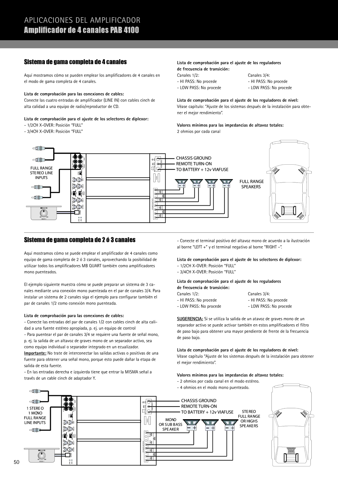 MB QUART PAB 2100 manual Ampliﬁcador de 4 canales PAB, Sistema de gama completa de 4 canales 