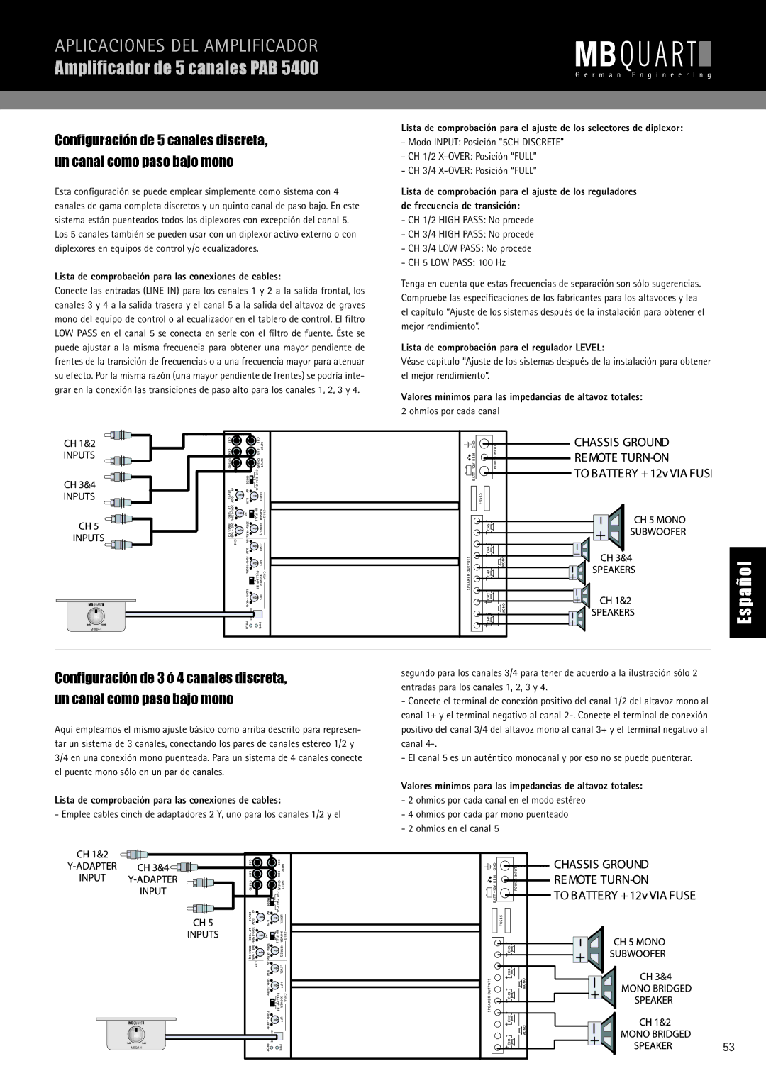 MB QUART PAB 2100 manual Ampliﬁcador de 5 canales PAB, Ohmios por cada canal 