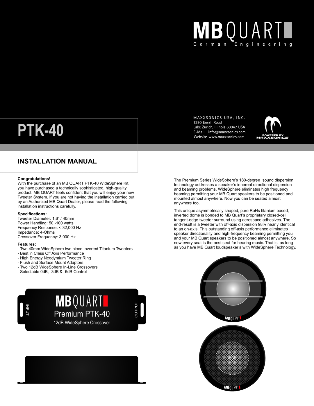 MB QUART installation manual Installation Manual, Congratulations, Specifications, Features, Premium PTK-40 