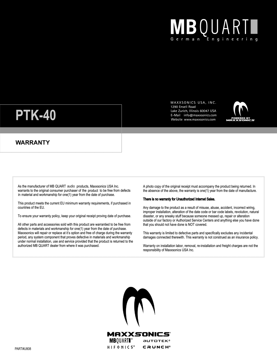 MB QUART PTK-40 installation manual Warranty, audio, PART#U808 