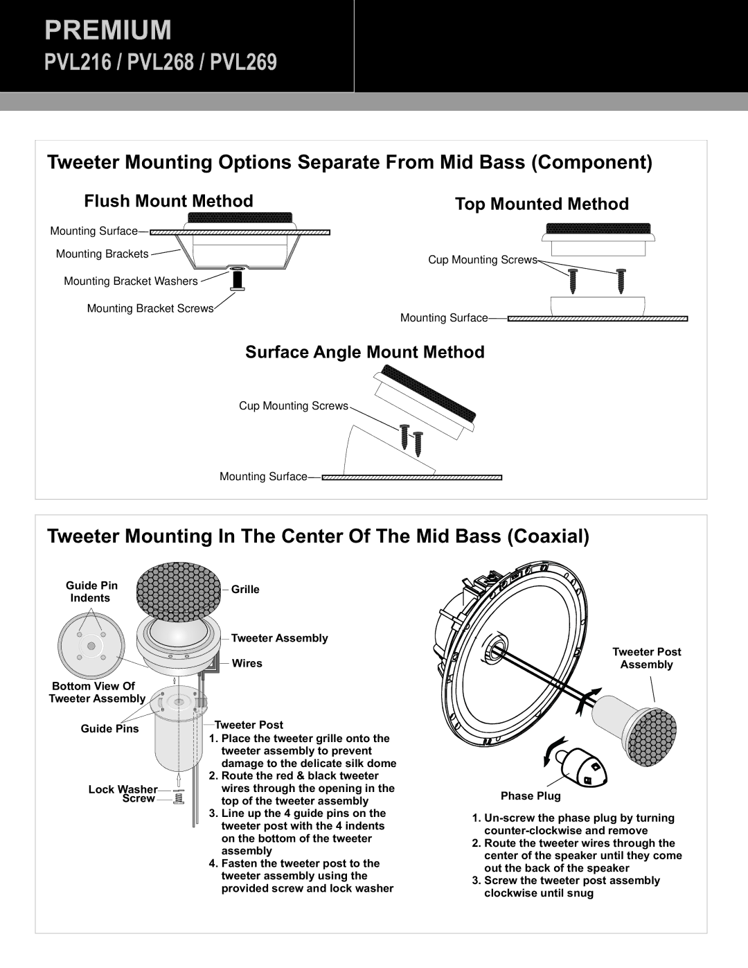 MB QUART PVL216, PVL268, PVL269 manual Tweeter Mounting Options Separate From Mid Bass Component 