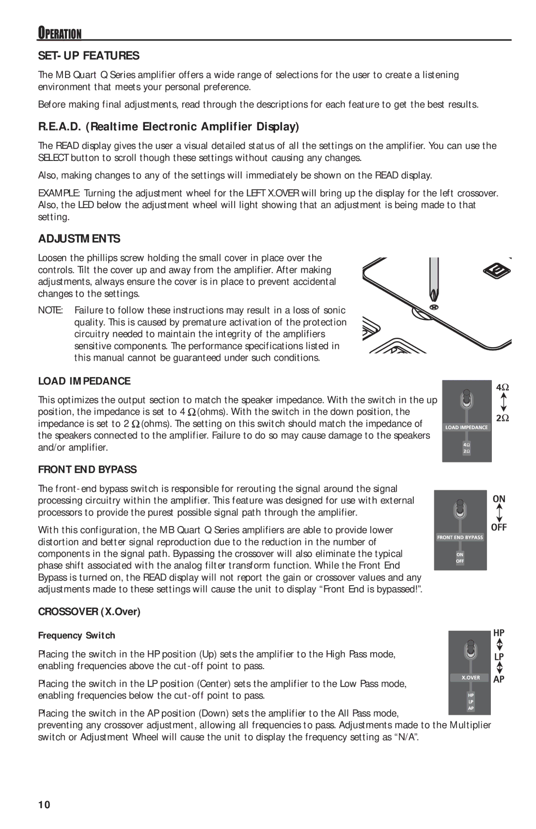 MB QUART QAA1000 manual SET-UP Features, A.D. Realtime Electronic Amplifier Display, Adjustments, Operation 