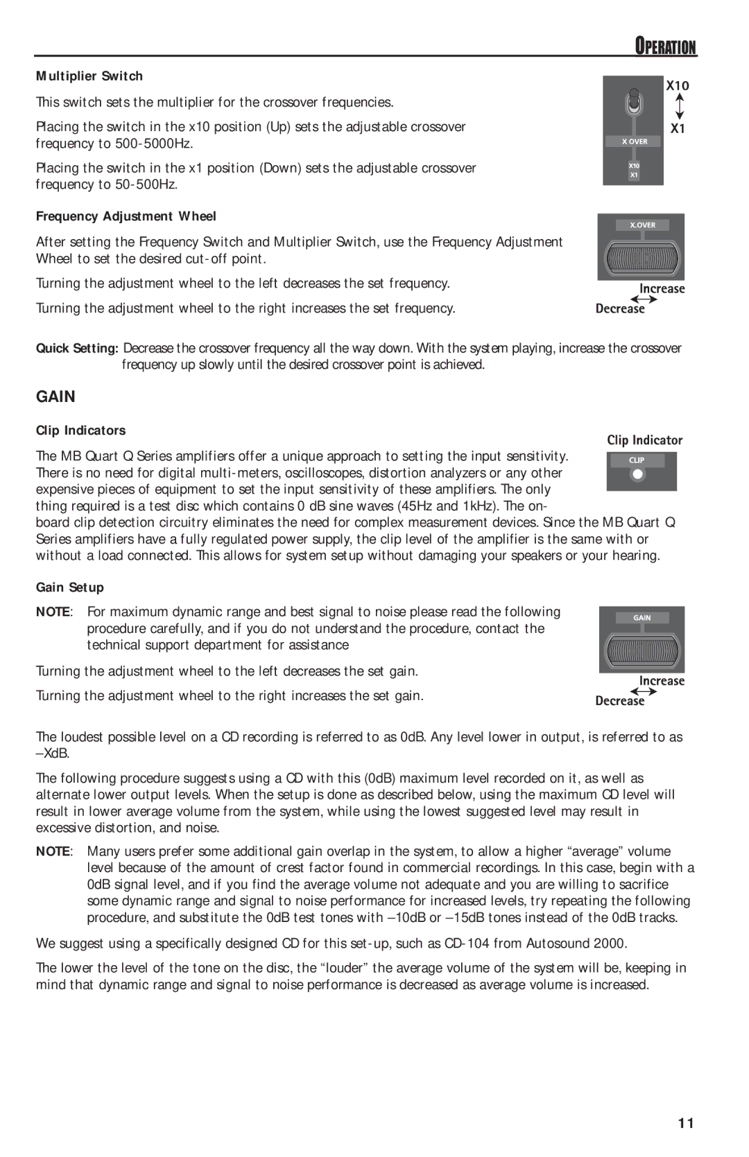 MB QUART QAA1000 manual Multiplier Switch, Frequency Adjustment Wheel, Clip Indicators, Gain Setup 