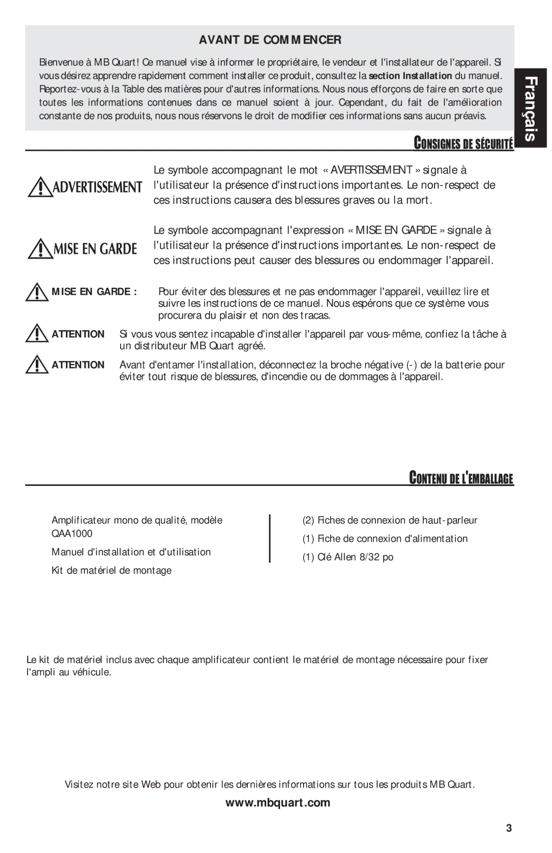 MB QUART QAA1000 manual Avant DE Commencer, Consignes DE Sécurité 