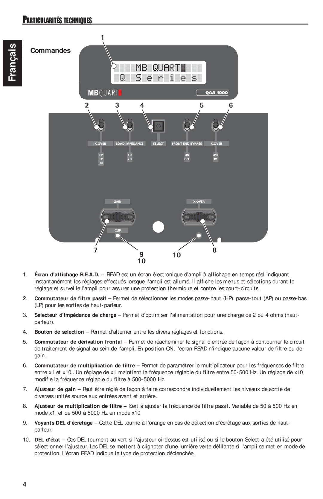 MB QUART QAA1000 manual Commandes, Particularités Techniques 