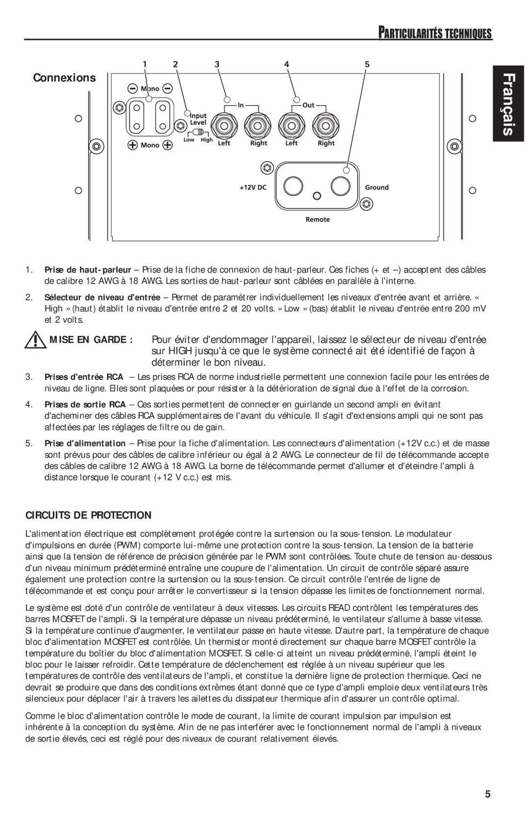 MB QUART QAA1000 manual Connexions, Circuits DE Protection 