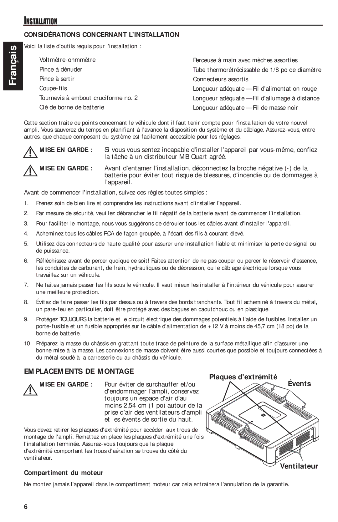 MB QUART QAA1000 manual Emplacements DE Montage, Plaques dextrémité, Ventilateur, Considérations Concernant Linstallation 