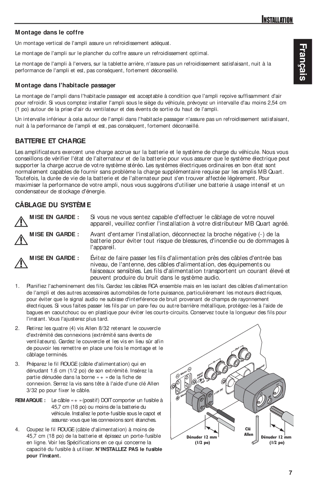 MB QUART QAA1000 manual Batterie ET Charge, Câblage DU Système, Montage dans le coffre, Montage dans lhabitacle passager 