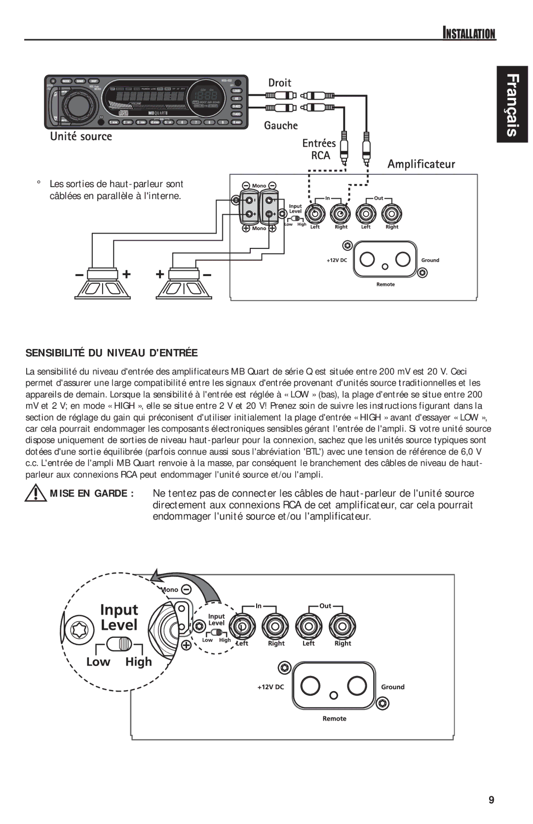 MB QUART QAA1000 manual Sensibilité DU Niveau Dentrée 