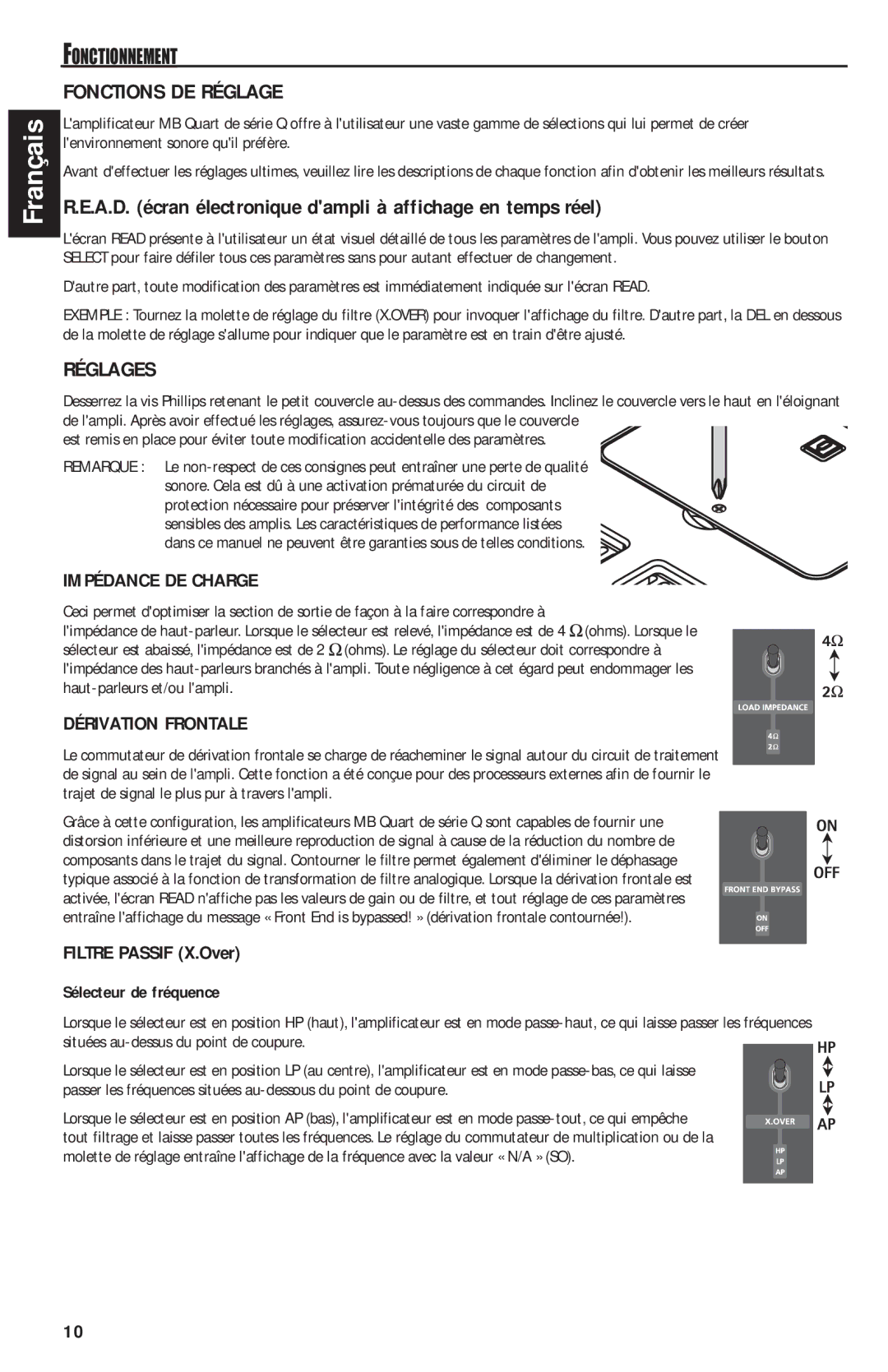 MB QUART QAA1000 Fonctions DE Réglage, A.D. écran électronique dampli à affichage en temps réel, Réglages, Fonctionnement 