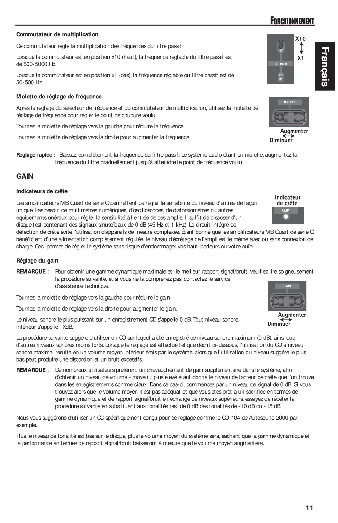 MB QUART QAA1000 Commutateur de multiplication, Molette de réglage de fréquence, Indicateurs de crête, Réglage du gain 