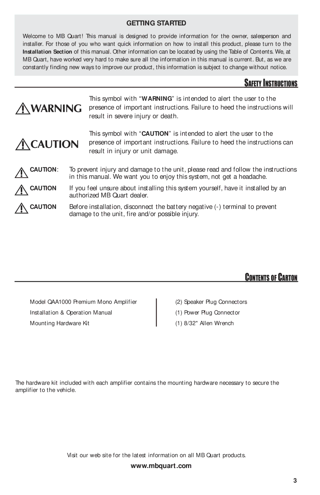 MB QUART QAA1000 manual Getting Started, Safety Instructions, Contents of Carton 