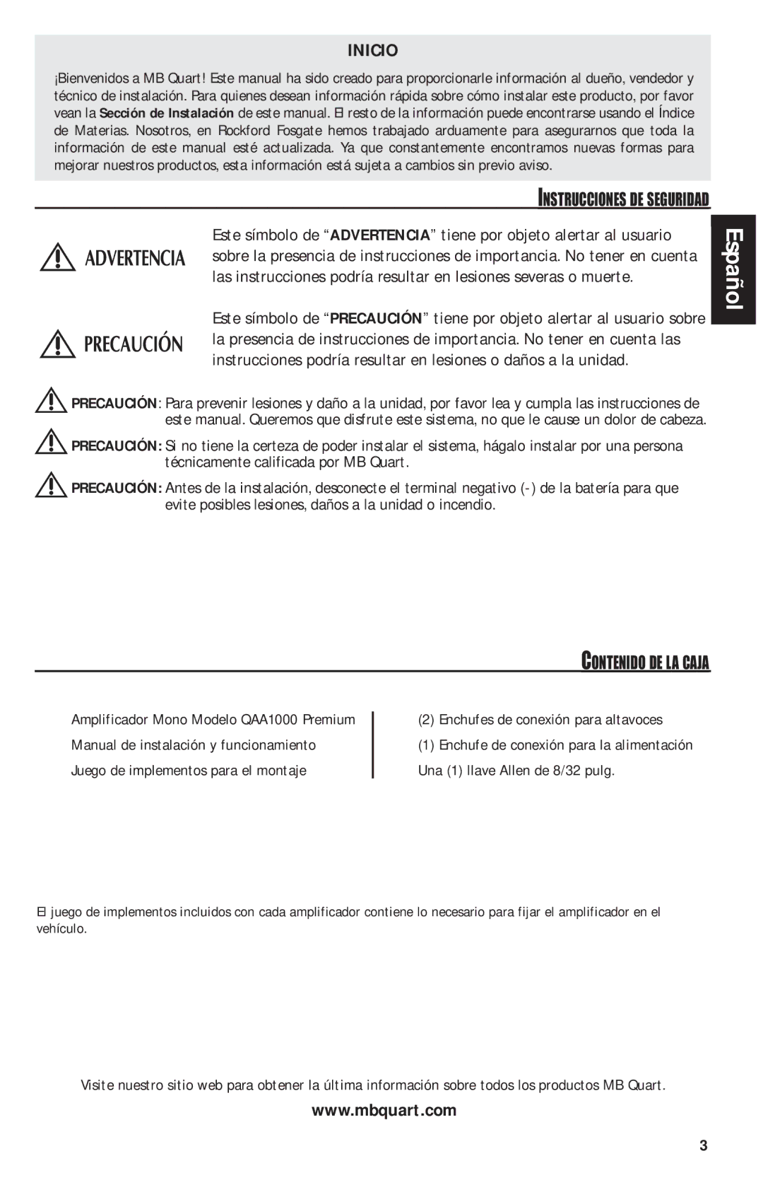 MB QUART QAA1000 manual Inicio, Instrucciones DE Seguridad, Enchufes de conexión para altavoces 