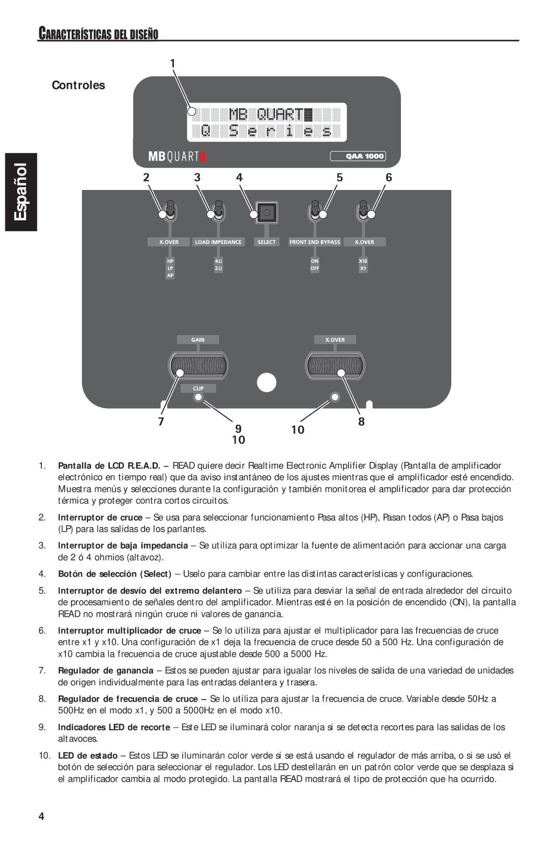 MB QUART QAA1000 manual Controles, Características DEL Diseño 