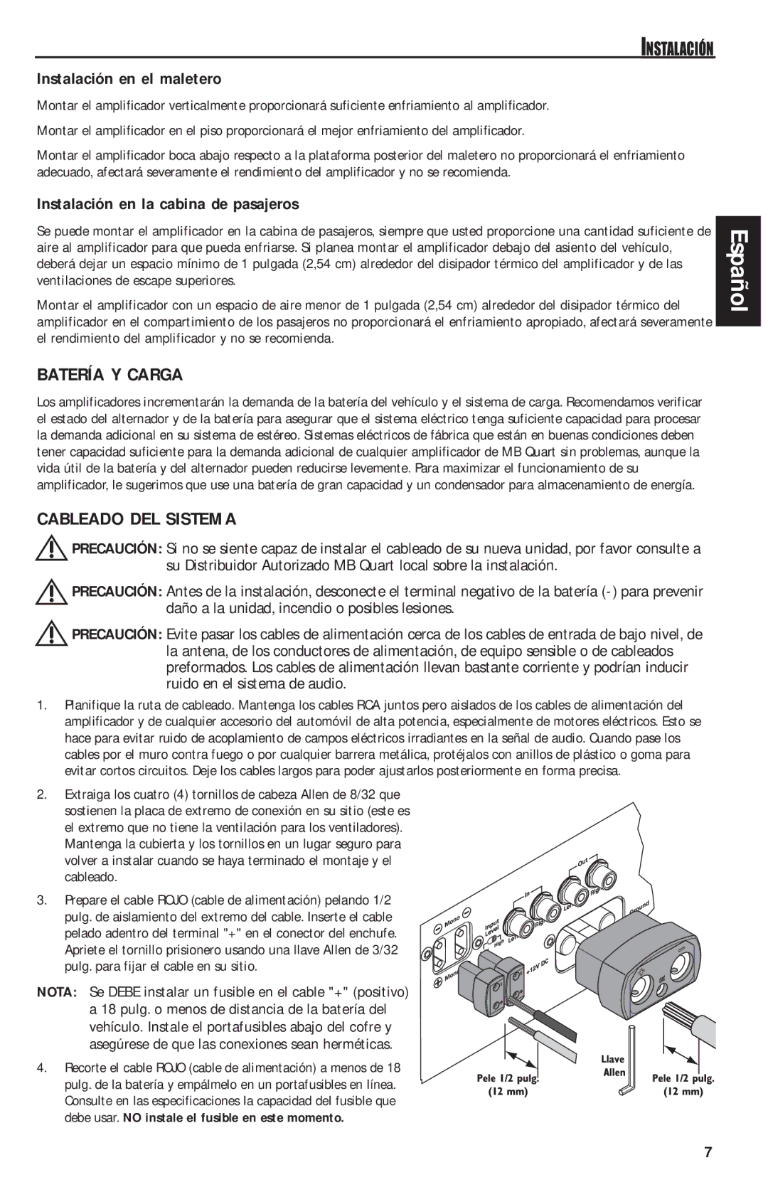 MB QUART QAA1000 Batería Y Carga, Cableado DEL Sistema, Instalación en el maletero, Instalación en la cabina de pasajeros 