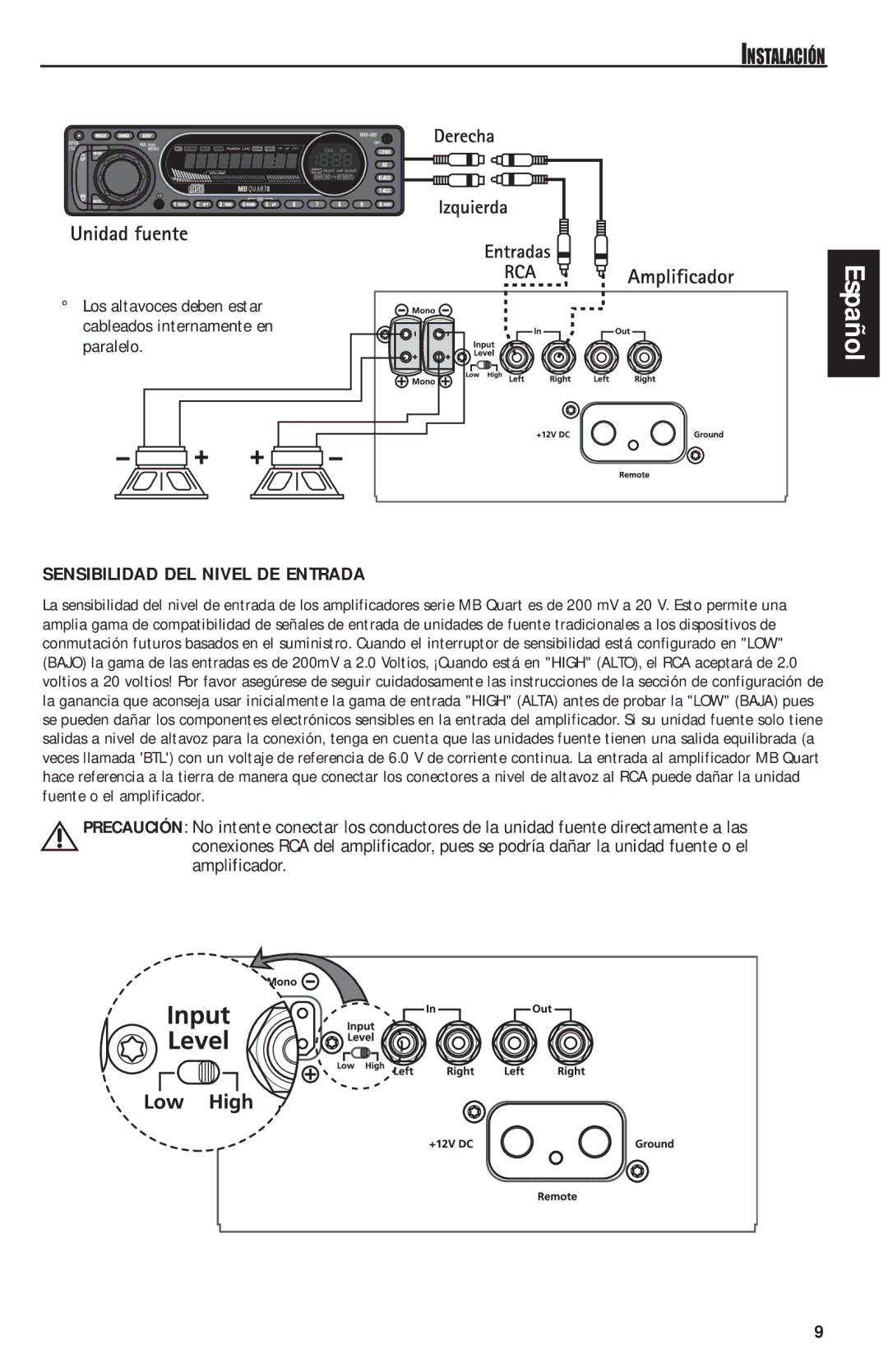 MB QUART QAA1000 manual Sensibilidad DEL Nivel DE Entrada 