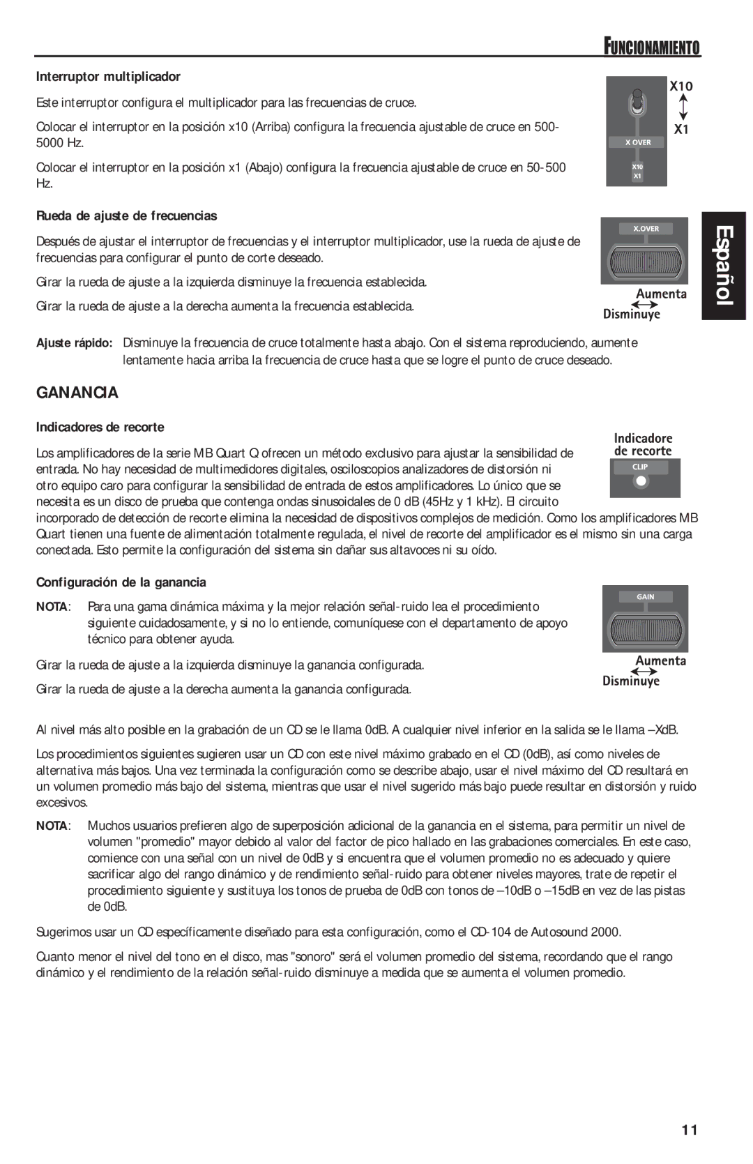 MB QUART QAA1000 manual Ganancia, Interruptor multiplicador, Rueda de ajuste de frecuencias, Indicadores de recorte 