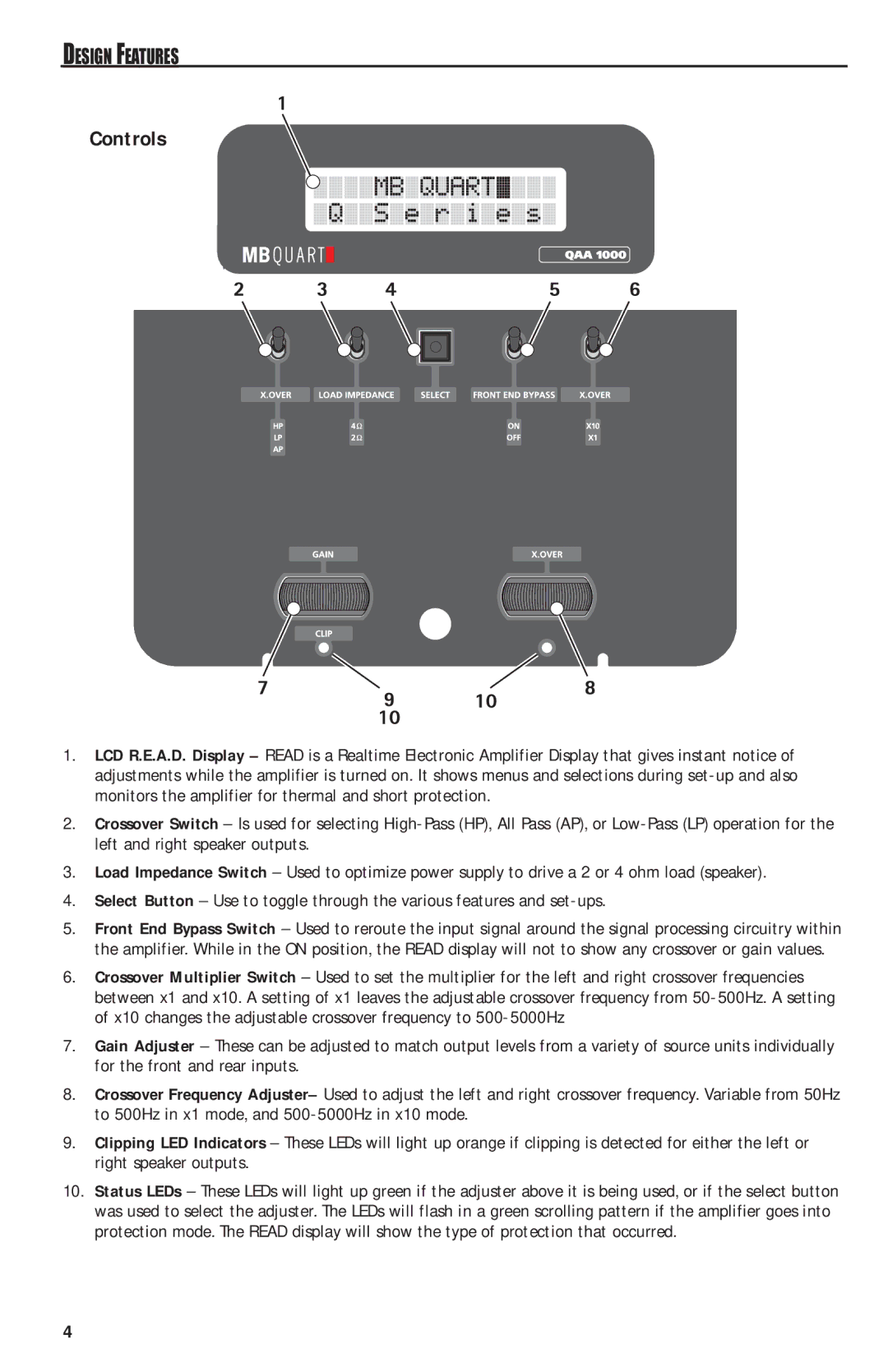 MB QUART QAA1000 manual Controls, Design Features 