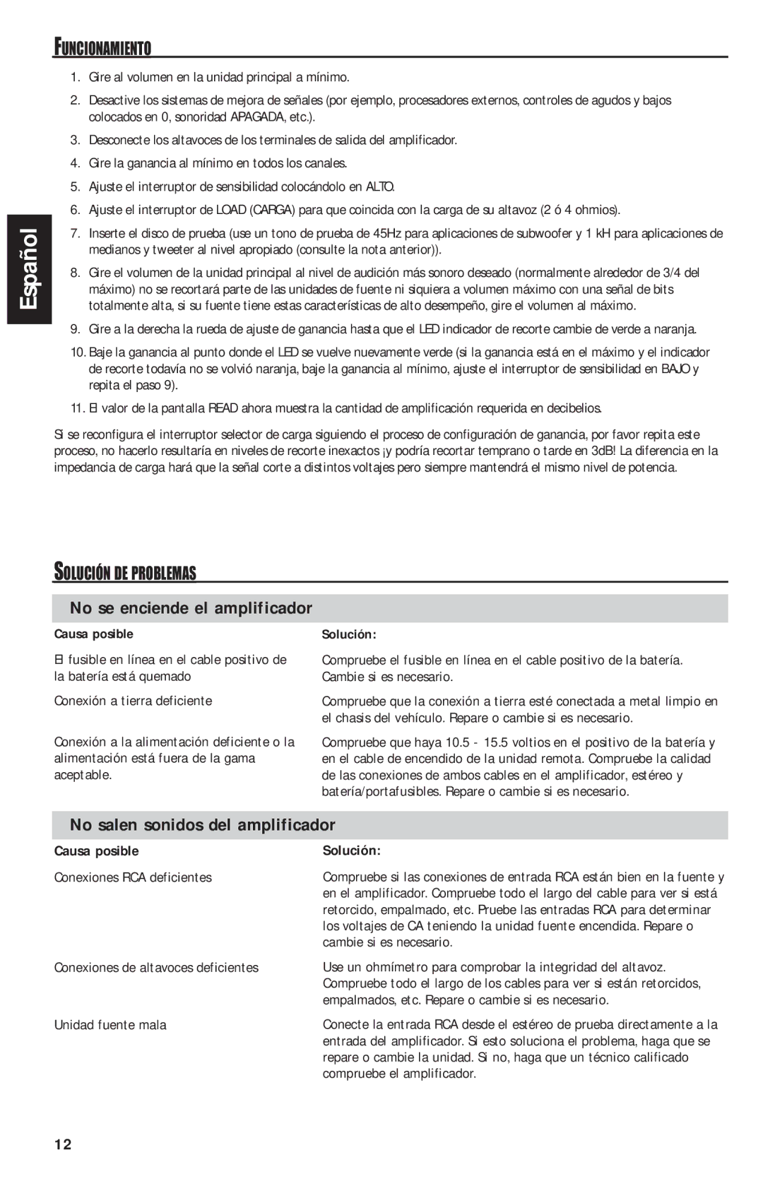 MB QUART QAA1000 manual No se enciende el amplificador, No salen sonidos del amplificador, Solución DE Problemas 