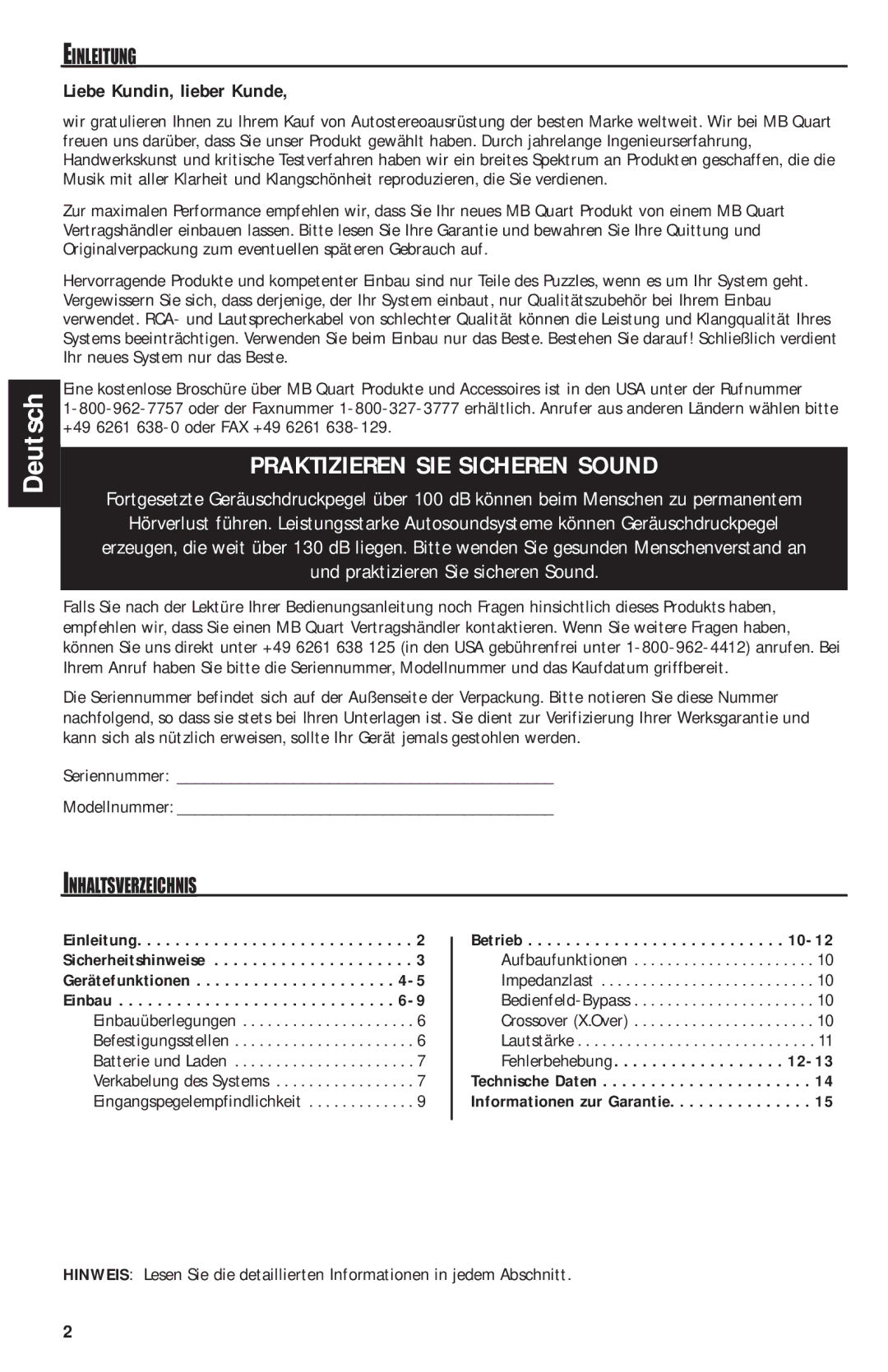 MB QUART QAA1000 manual Einleitung, Liebe Kundin, lieber Kunde, Inhaltsverzeichnis, Betrieb, Fehlerbehebung 