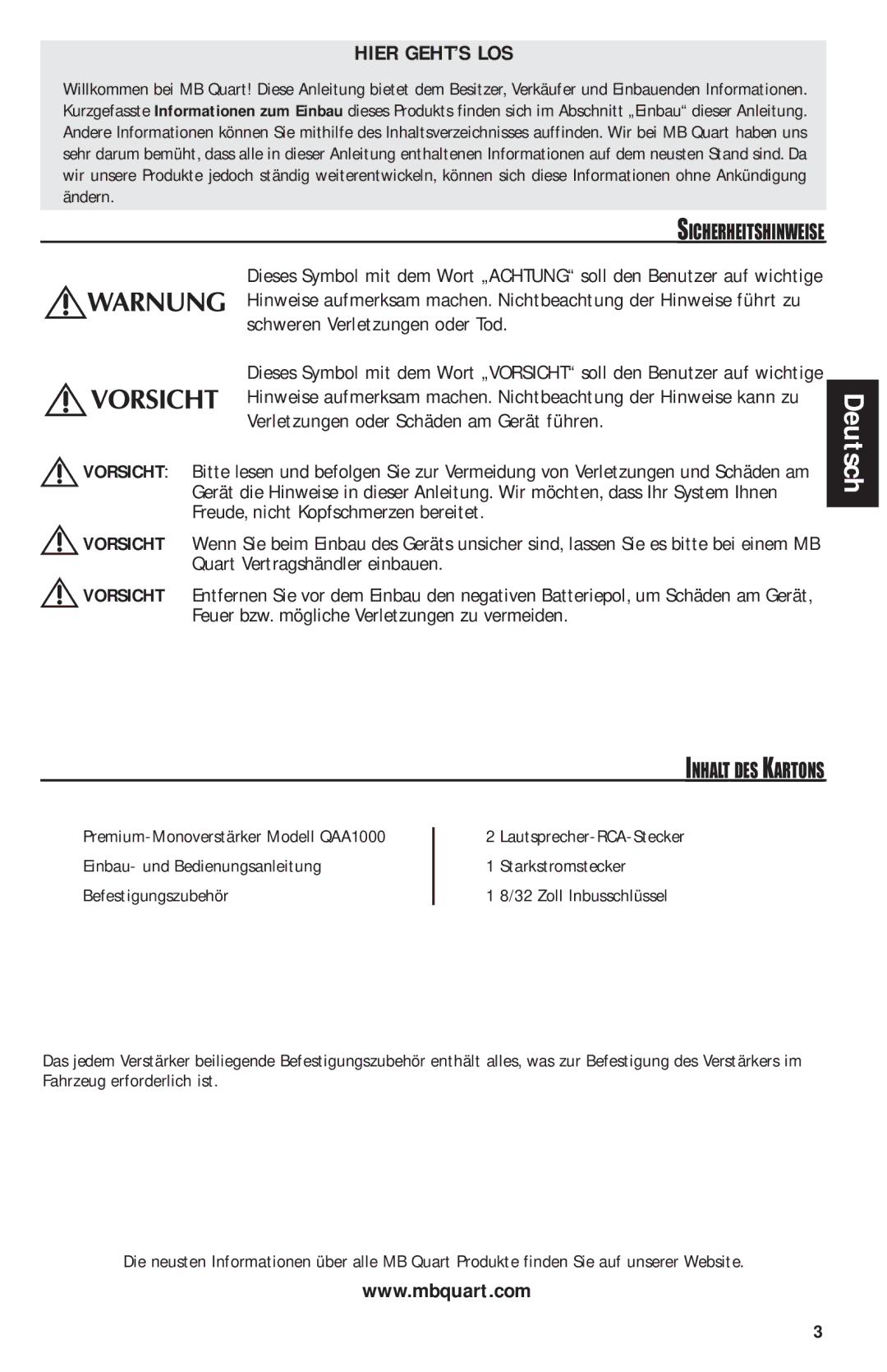 MB QUART QAA1000 manual Hier GEHT’S LOS, Sicherheitshinweise, Inhalt DES Kartons 